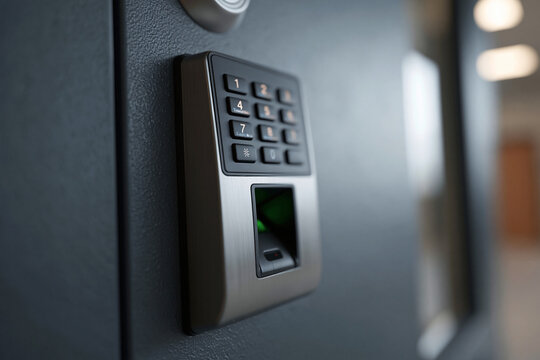 Modern keypad with fingerprint scanner mounted on a secure door. Green light pulses as system verifies access. Clean, industrial design suggests high-security usage. Ideal for corporate, banking