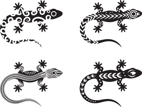 Set of tribal lizard icons with black decorative patterns