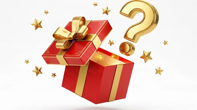 A red gift box is opened to reveal bright lights and decorations with question marks above. 