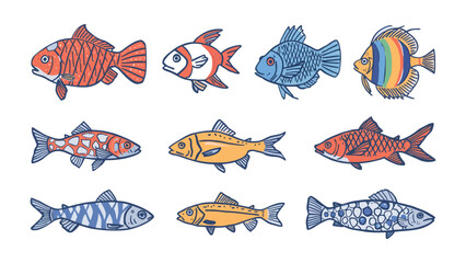 Aquatic Mosaic: A vibrant illustration showcasing an array of colorful fish, each with unique patterns and shapes. Dive into a world of aquatic artistry, where creativity swims freely. © Mahbuba