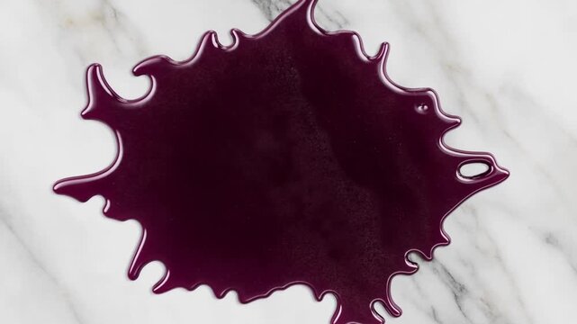 Slow motion top down of dark purple grape juice spreading on white marble like a living stain concept of invasive liquid and stone interaction