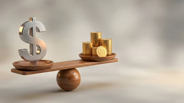 Balance scale with dollar sign on one side and stack of gold coins on other side.