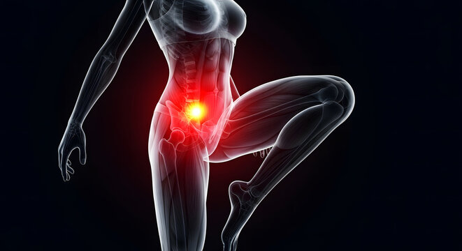 3D Female Anatomical Hologram Highlighting Hip Flexor and Psoas Muscle Activation During Leg Lift