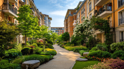 Fototapeta premium A serene walkway surrounded by lush green gardens and modern apartment buildings under a clear blue sky.