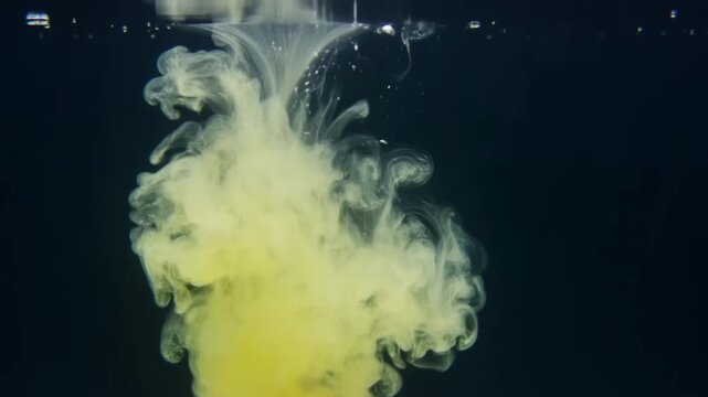 Timelapse macro of lemon juice mixing with water creating curling smoke tendrils against a dark background concept of acidic diffusion and liquid dance