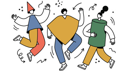 Vibrant linear cartoon illustration of diverse abstract characters expressing joy and energy, celebrating togetherness with dynamic poses and festive elements
