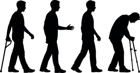 Silhouette sequence of a man recovering from injury walking with crutches then transitioning to standing upright and walking independently again © BIPUL