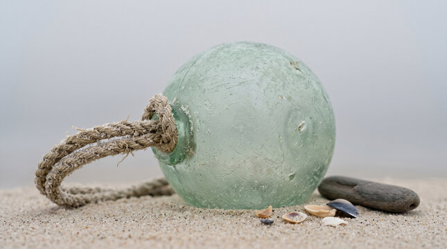 Vintage glass fishing float with weathered rope resting on a sandy beach shore