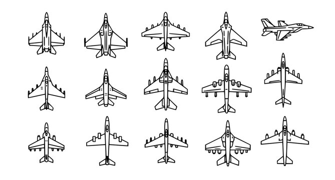 Modern aircraft transportation icon pack with fighter jets cargo planes and aviation outline symbols