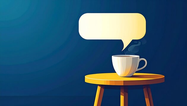 丸テーブルの上のコーヒーカップから湧き上がる会話の吹き出しのミニマルイラスト
