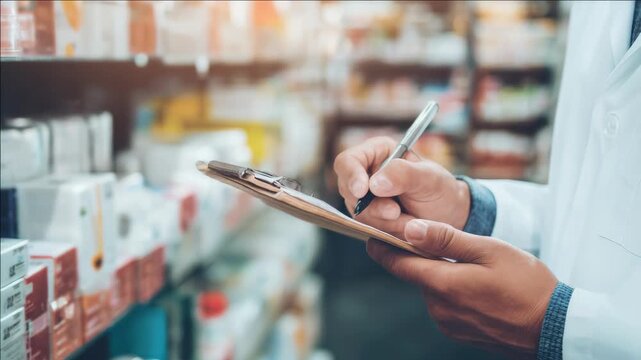 A pharmacist in a white coat writing a prescription in a tablet with pen and paper