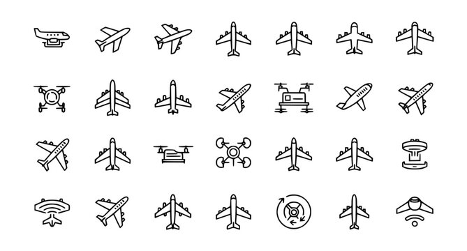 Minimal airport aviation line icons set with airplane route boarding and travel navigation symbols vector
