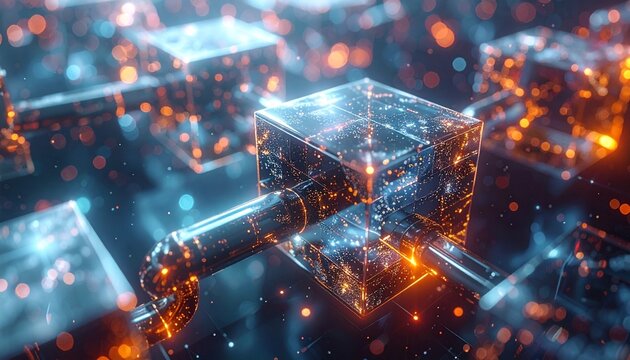 光る透明なキューブとパイプが連結するブロックチェーンネットワークの3Dビジュアライゼーション
