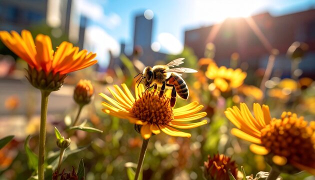都市の庭園で黄色い野花に止まってクローズアップされた受粉中のミツバチ