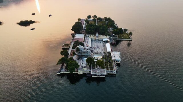 Aerial Drone Shot of Udaipur Lake Palace and Scenic City Landscape