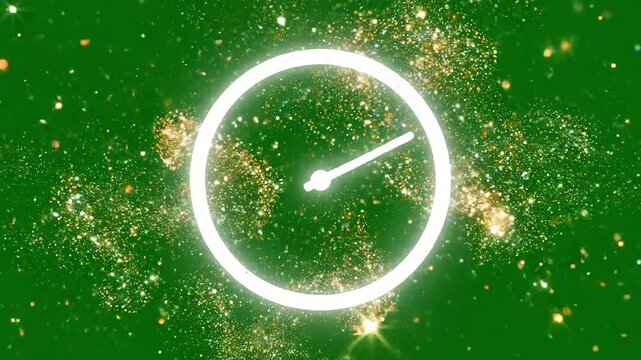 Abstract glowing clock face with sparkling particles on a vibrant green background, representing the passage of time.