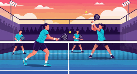 Obraz premium Dynamic Padel Match Illustration Depicting Players Action, Court, and Spectators, Vector Art