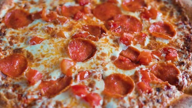 A close-up of an Italian pepperoni pizza spinning in a circle