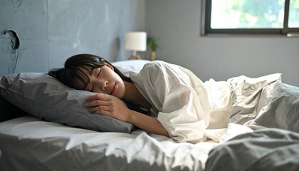 Obraz premium 朝の光差し込む落ち着いた寝室でグレーのシーツに包まれて安らかに眠る日本人女性