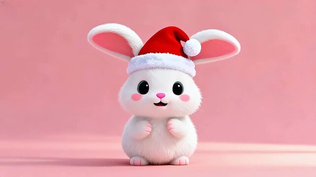 Cute white bunny wearing Santa hat
