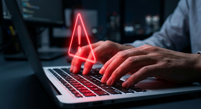 暗いオフィスでノートパソコンのキーボードを打つ手の近くに赤い警告三角マークが浮かぶ