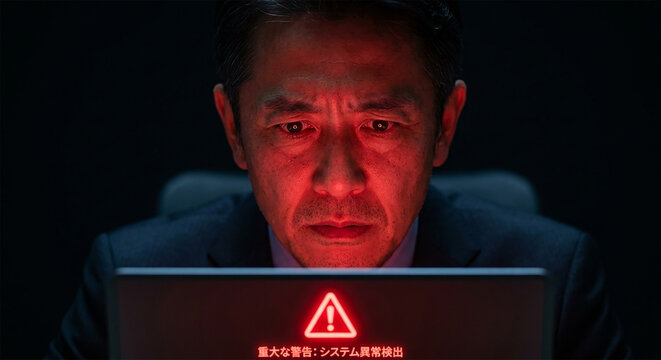 ノートパソコンの赤い警告画面に照らされながら真剣な表情で画面を見つめる日本人男性