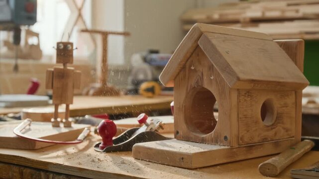 Close-up view of small wooden birdhouse with circular entrance next to woodworking tools on workbench in workshop setting