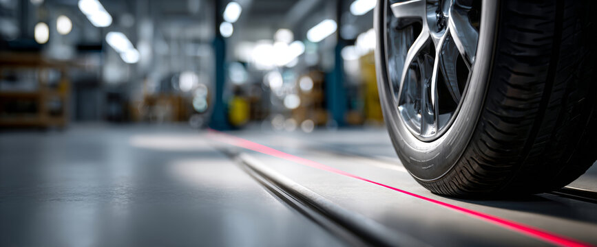 Close-up of a car tire on a vehicle inspection line with a red laser guide in a modern automotive workshop environment