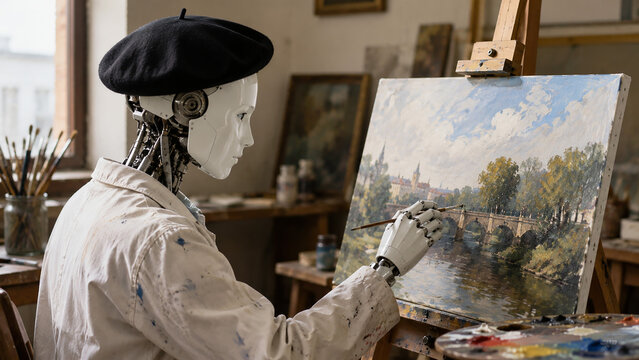 ベレー帽をかぶった人型ロボットがアトリエで風景画を描いている