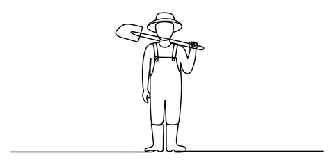 Continuous line drawing of a farmer holding a shovel isolated on white background, Vector © Sojib