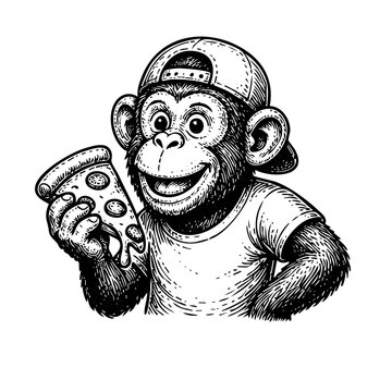 Smiling Chimpanzee in Backward Baseball Cap Holding Pizza Slice, Vintage Black and White Engraving Illustration