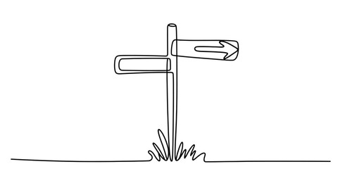 Continuous line drawing of a wooden signpost with arrows isolated on white background, Vector © Sojib