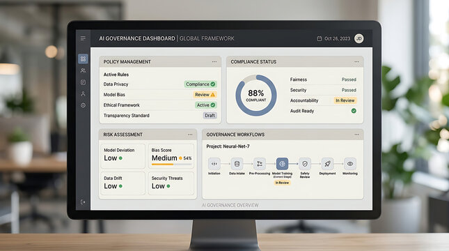 AI governance dashboard interface with policy rules risk indicators compliance panels and workflow nodes in clean minimal SaaS UI illustration for enterprise risk management and corporate systems desi