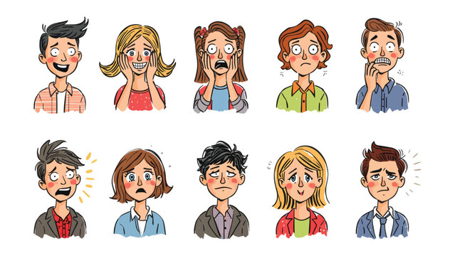 Emotional Spectrum: A collection of expressive cartoon portraits captures the broad range of human emotion, from joy to worry. Reflecting diverse feelings. 