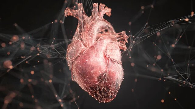 Computer-generated of a human heart surrounded by a network of glowing data points and lines. It signifies healthcare technology or artificial intelligence in medical field.