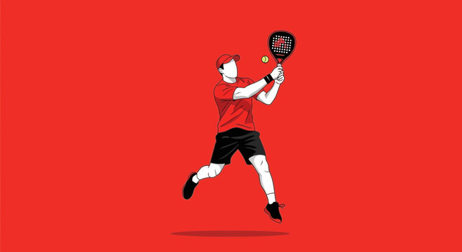 Dynamic Padel Player Hitting the Ball Against a Crimson Backdrop of Athleticism
