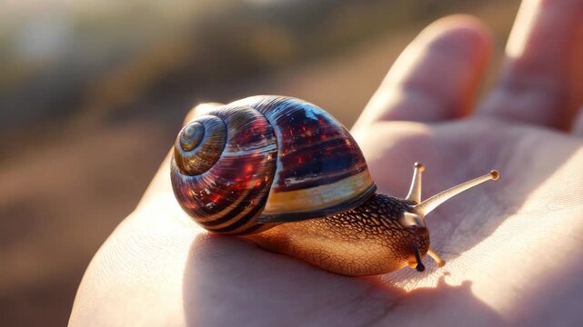 Close-up of a snail on someone's hand, showcasing the shell texture and color.