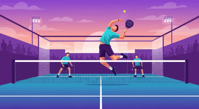 Dynamic Padel Match: Vivid Illustration of Athletes Competiting on the Court at Sunset