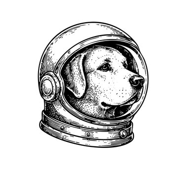 Labrador dog head wearing an astronaut space helmet, vintage sketch illustration
