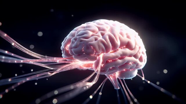 Artificial intelligence. Neuron network. A detailed, highresolution digital artwork depicts a human brain rendered in a realistic style. The brain is the main subject.