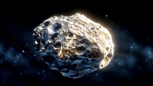 Space universe exploration, fantasy, mysterious. A detailed digital artwork depicts a large, craterslike object against a dark, nebulous backdrop. The object is predominantly white and gray.