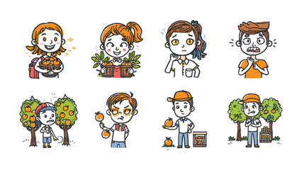 Naklejka premium Happy Harvesters: Capturing the essence of a bountiful harvest, a set of illustrations depicts cheerful individuals with fresh crops and fruits. A colorful.