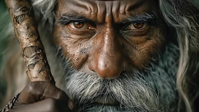 Close-up of an elderly man with a wooden staff, conveying wisdom and solemnity, ideal for cultural or spiritual themes.