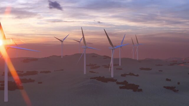 Wind turbines at sunset. 3D render. Wind Turbines Against a Colorful Sunset Sky. Landscape with renewable and sustainable energy with wind turbines. Wind turbines in a row against a captivating sunset