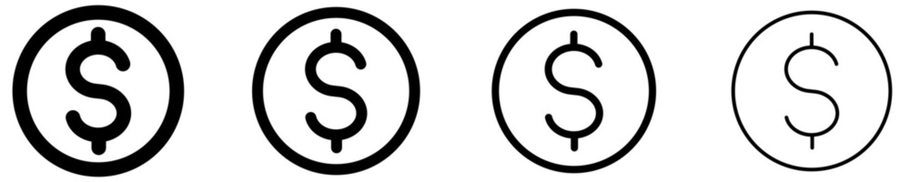 Set of coin line icons with a dollar symbol, featured in four different stroke weights. Vector symbols of currency, finance, payment, or banking.
