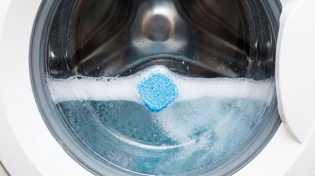 Washing machine cleaning tab dissolving in soap suds, close-up view