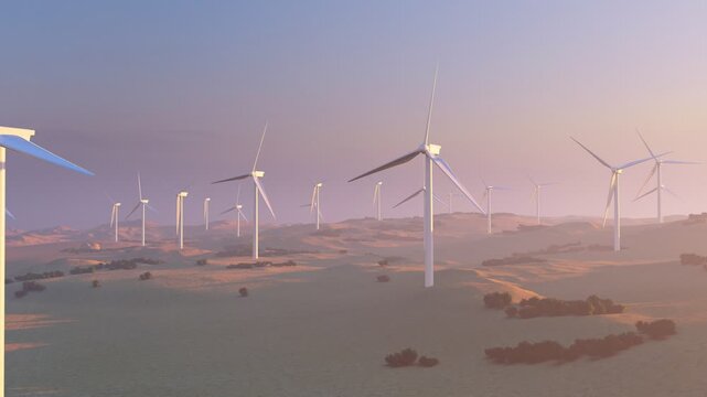 Wind turbines at sunset. 3D render. Wind Turbines Against a Colorful Sunset Sky. Landscape with renewable and sustainable energy with wind turbines. Wind turbines in a row against a captivating sunset