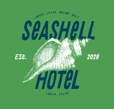 Vintage seashell beach hotel typography t-shirt design with engraved shell illustration in blue and white on green background vector.