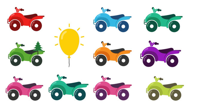 Colorful ATVs and Yellow Balloon Collection, Fun Outdoor Recreation and Celebration Icons