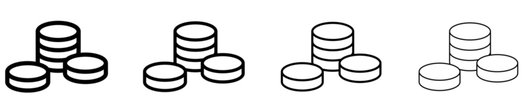 A set of coin stack line icons, featured in four different stroke weights. Vector symbols for money, profit, wealth, investment, and financial savings.
